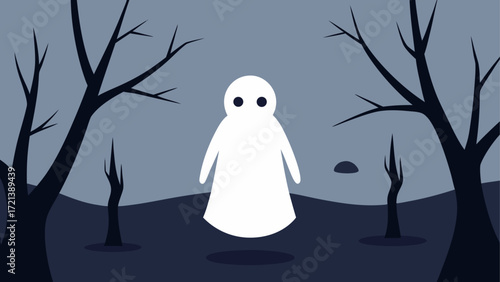 A cartoon ghost floats in a spooky landscape with trees and a dark blue and gray color palette