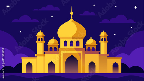 Illustration of a golden mosque with domes and towers under a night sky with clouds and stars