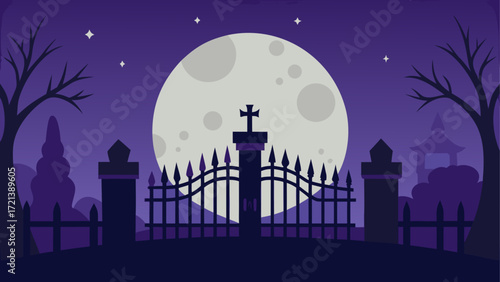 Illustration of a cemetery gate with a cross under a full moon and stars in a purple night sky