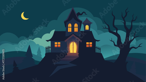 Illustration of a spooky haunted house on a hill under a crescent moon in a dark and cloudy night scene