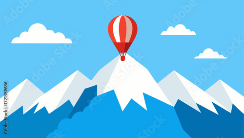 Hot air balloon flying over snow capped mountains against a blue sky with white clouds above it all