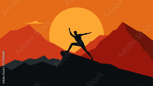Silhouette of a person standing on a mountain peak with a sunset in the background landscape view scene