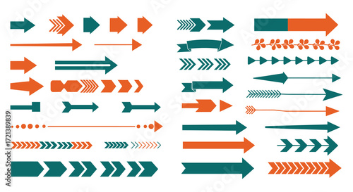 Collection of various arrow shapes and designs in teal and orange