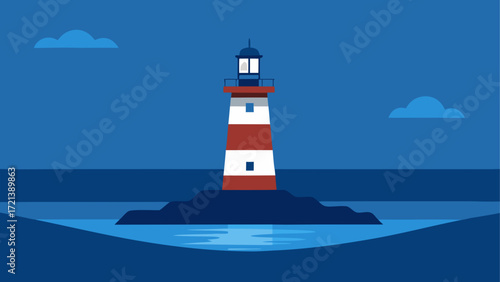 Illustration of a lighthouse with red and white stripes on a small island under a dark blue sky