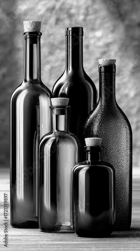 Black and white collection of glass bottles on wooden surface