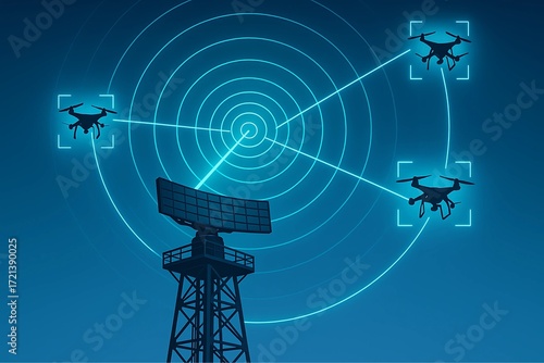 Radar Tower Scanning and Locking onto Multiple Drones with Glowing Lines