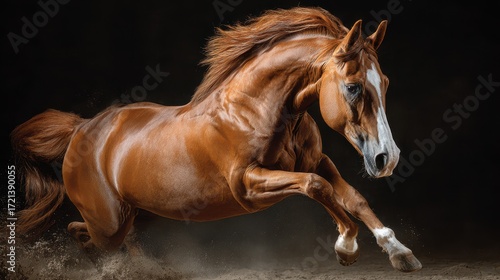 Majestic brown horse galloping gracefully through sand with flying mane and powerful presence