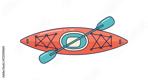 A top down view of a red kayak with a teal paddle