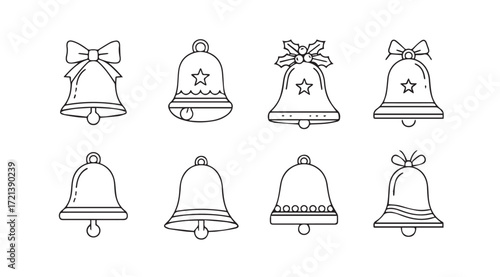 Collection of eight decorative christmas bells in a charming silhouette style
