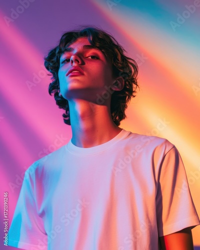 Teenage boy radiating vibrant, colorful light in a studio portrait.