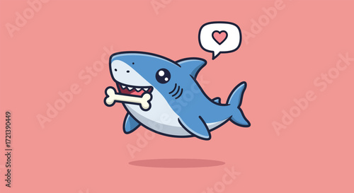 Adorable cartoon shark holding a bone with a heart symbol above.