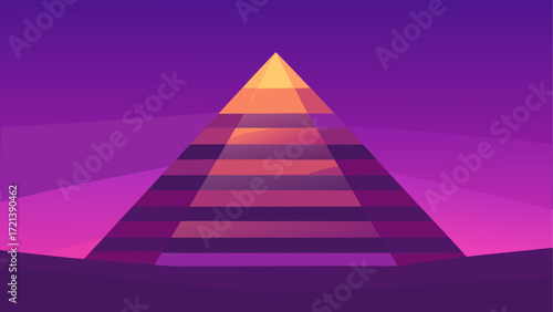Geometric pyramid with horizontal bands against a purple and orange gradient background design art