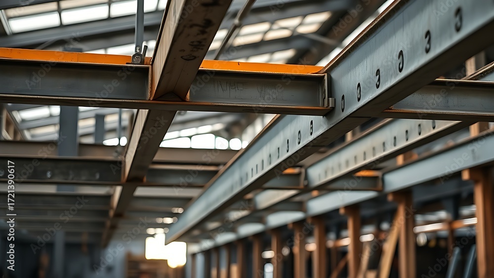 Fototapeta premium Industrial steel beams in a workshop setting, highlighted by soft natural light with a blurred background.
