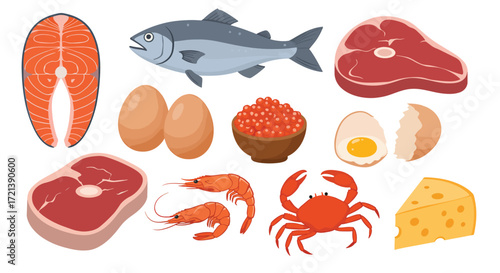 Assortment of ProteinRich Foods Fish Meat Eggs Seafood and Cheese.