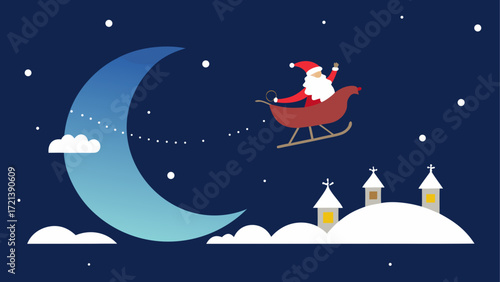 Illustration of santa claus in sleigh flying over snowy village with moon and stars in the dark night sky