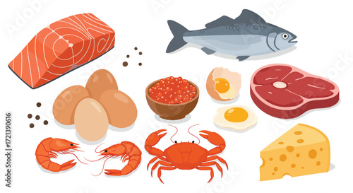 Assortment of ProteinRich Foods Including Fish Meat Eggs and Seafood 1.