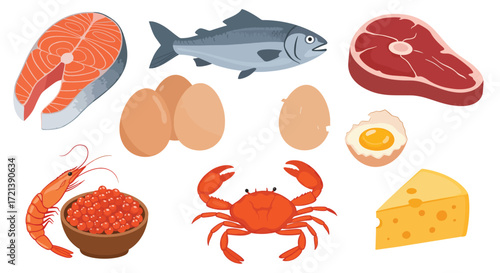 Assortment of Fresh ProteinRich Foods Including Fish Meat Eggs and Seafood.
