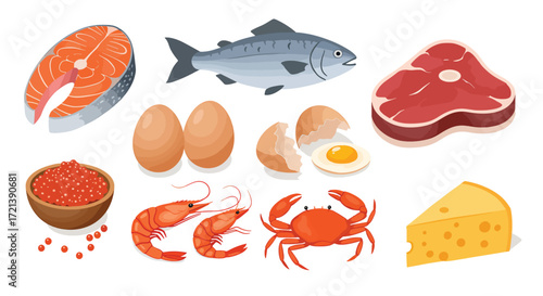 Assortment of ProteinRich Foods Including Fish Meat Eggs and Seafood.