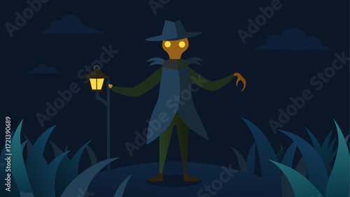 A scarecrow stands in a field at night holding a lantern with dark clouds in the background visible 100