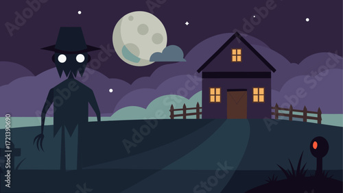 A spooky halloween night scene with a scarecrow house and moon under a dark purple cloudy sky view