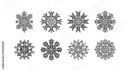 Collection of intricate snowflake silhouettes for winter decoration silhouette