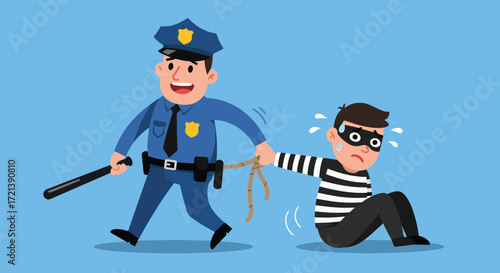 Cartoon police officer apprehending a masked robber with a net and baton.