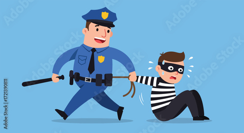 Cartoon police officer apprehending a scared burglar with a crowbar.