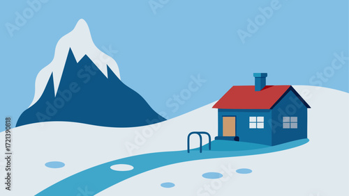 Illustration of a blue house with a red roof in a snowy landscape with a mountain in the background