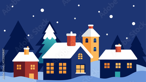 Illustration of snowy village houses with lit windows and tall trees under a dark blue winter sky