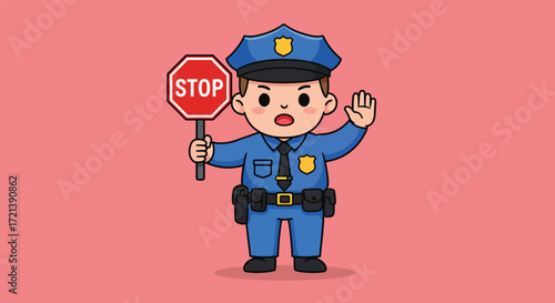 Cartoon police officer holding a stop sign and raising hand.