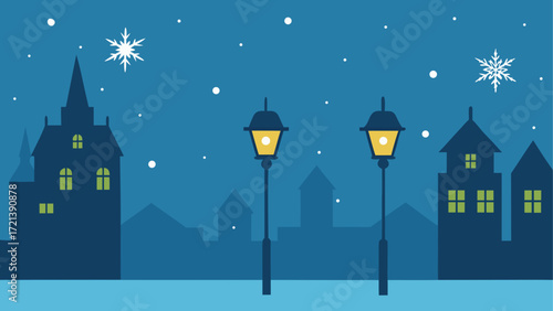 Night scene with buildings snowflakes and street lamps casting a warm glow on a cold winter evening