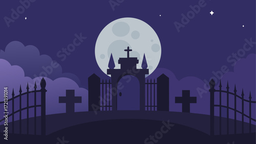 Illustration of a spooky graveyard with a gate, crosses, moon, clouds and stars in the night sky