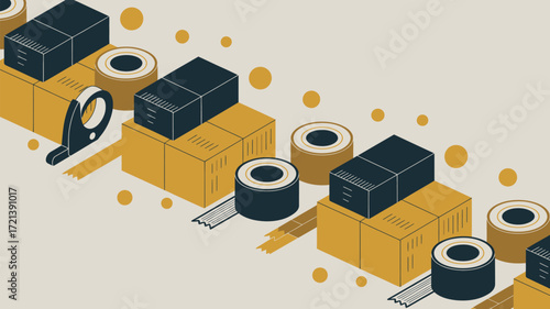 Isometric illustration of boxes tape and dispenser on a light background with yellow circles