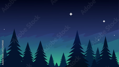 Silhouette of pine trees under a night sky with stars and a gradient of blue and green color palette