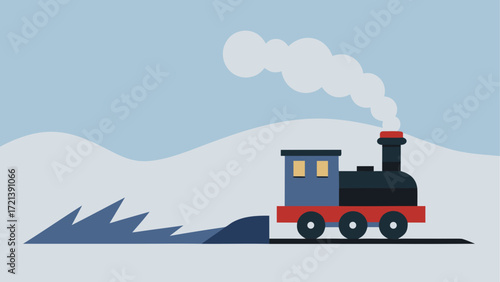 Cartoon steam train plowing through snow with smoke against a light blue sky background scene