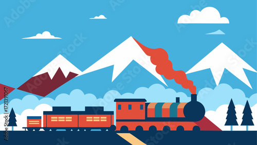 Illustration of a vintage train traveling through a mountainous landscape on a bright sunny day