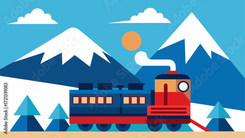 Illustration of a train traveling through a snowy mountain landscape with trees and a bright sun above it all