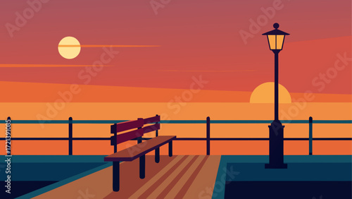 Sunset scene with bench and lamppost overlooking the water and a colorful sky at dusk or dawn time view