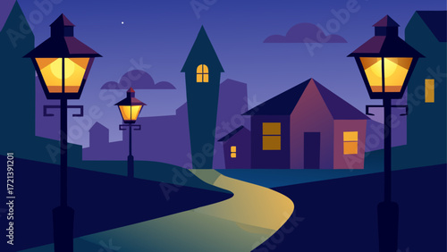 Illustration of a night scene with houses streetlights and a winding path under a dark blue sky landscape