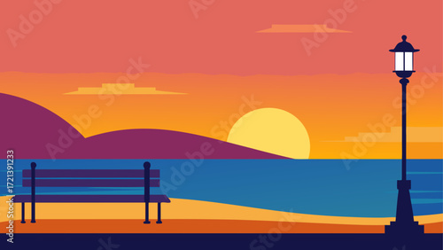 Sunset scene with bench, ocean, mountains, and lamppost creating a peaceful and serene atmosphere