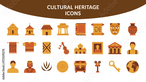Flat 2026 cultural heritage icon set with temples, masks, and traditional artifacts