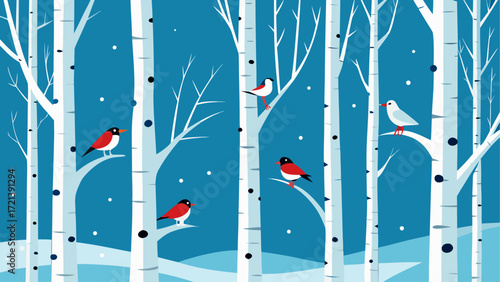 A winter scene with birch trees and birds perched on branches under a snowy blue sky backdrop design