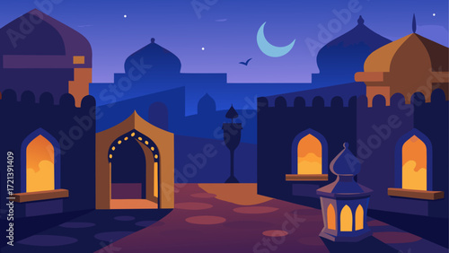 Illustration of an arabian city with a crescent moon and a lantern in the night sky view scene