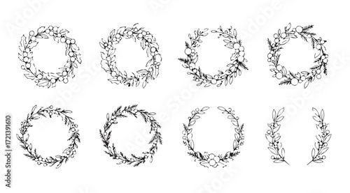 Collection of oval shaped botanical wreath silhouettes for decorative design