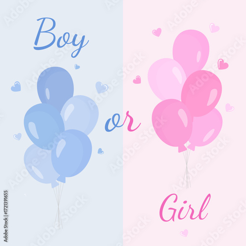 Vector illustration with blue and pink balloons for baby shower gender reveal. Perfect design for invitations, greeting cards, party decoration, birth announcement and festive events.
