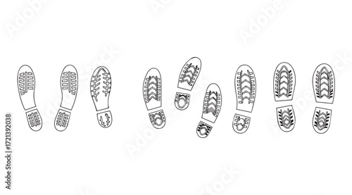 Collection of stylized shoe sole tread patterns in silhouette
