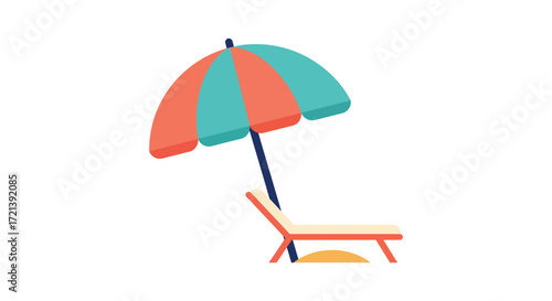 A colorful beach umbrella and lounge chair resting on warm sand