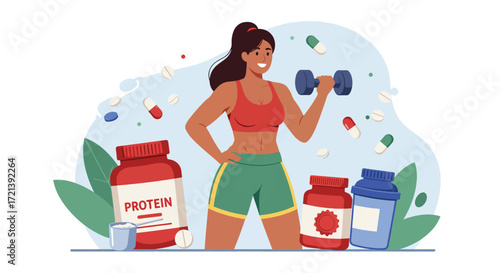 Fit Woman Exercising with Dumbbell Surrounded by Protein Supplements.