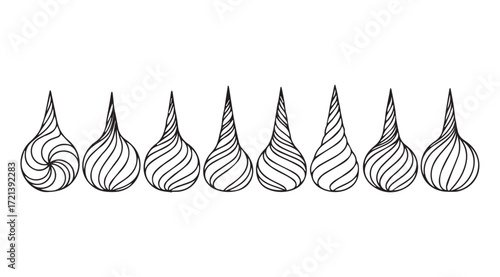 Eight abstract teardrop shapes with swirling line patterns in silhouette