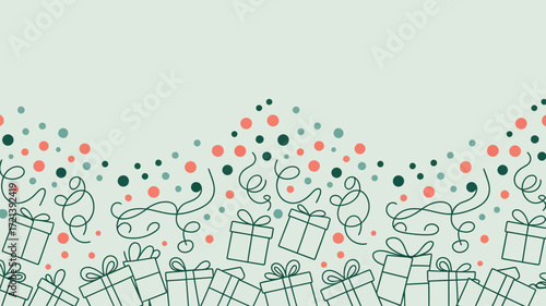 A festive background with gift boxes confetti and streamers in a hand drawn style on a light green backgound